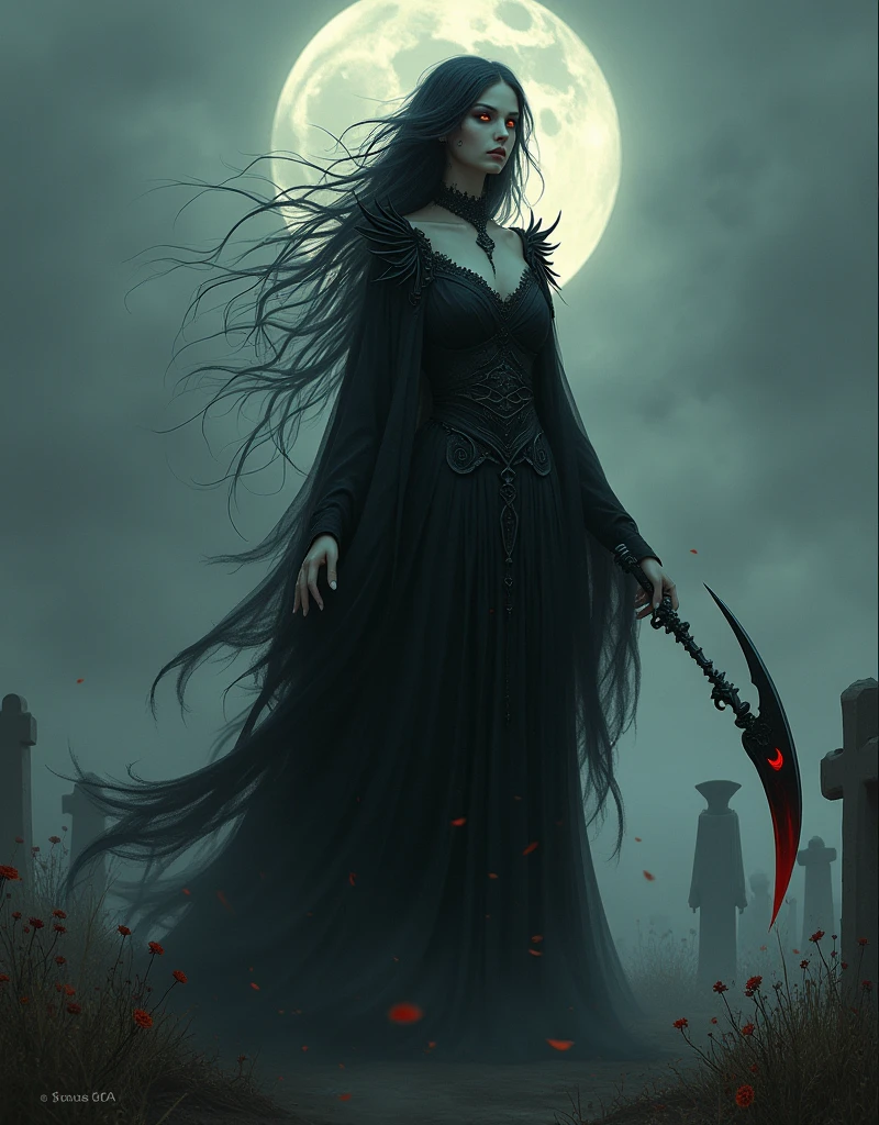 (Goddess of Death:1.4), (masterpiece:1.4, best quality), (photo realistic:1.4), ethereal and haunting appearance, embodying the power and inevitability of death, dressed in flowing dark robes that blend into shadows, adorned with subtle skeletal and gothic details, (hair like wisps of smoke or shadow, with dark and muted tones:1.2), (eyes glowing with an otherworldly light, filled with a cold, eternal wisdom:1.4), holding a scythe or an hourglass with sands of time running out, surrounded by swirling mist, spectral figures, and withered flowers, ((background of a barren, twilight landscape with a crescent moon and scattered gravestones:1.5)), (soft, eerie lighting that casts deep shadows and enhances her ominous aura:1.2), (regal and imposing pose that conveys her mastery over the realm of death:1.2), rich textures, muted and dark colors, (deep blacks:1.2), (ashen grays:1.2), (blood reds:1.4), (dynamic composition with flowing lines and a sense of quiet finality:1.2), high-quality and detailed, (awe-inspiring and chilling atmosphere:1.2), haunting and powerful, perfect image quality, symbolizing death, transition, and the balance between life and the afterlife, captivating and eerie presence