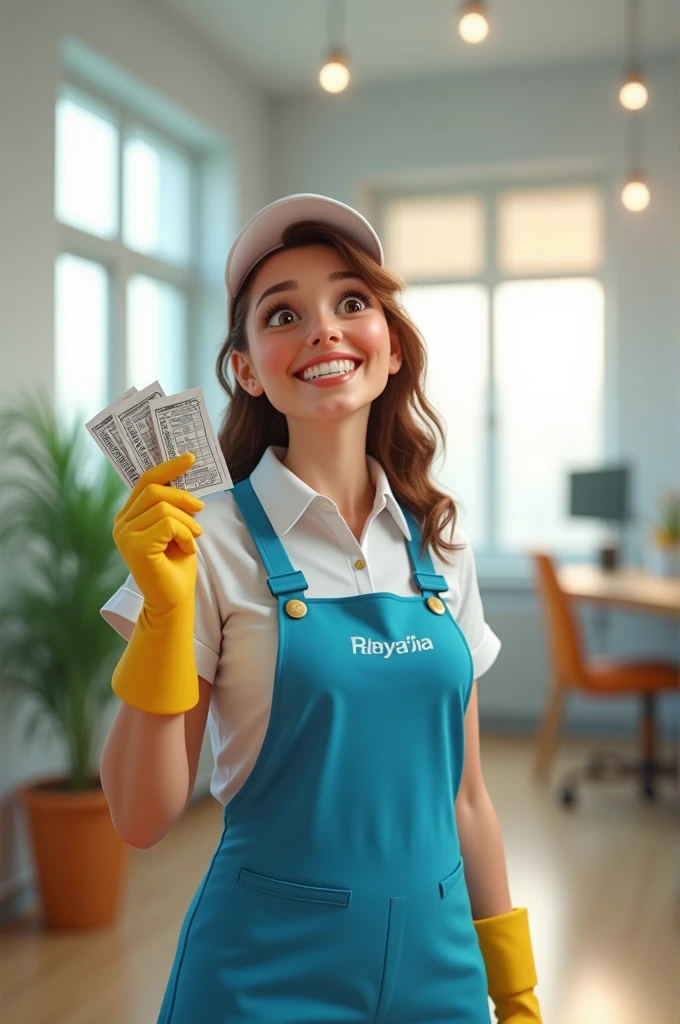 Happy cleaner with a lottery ticket
