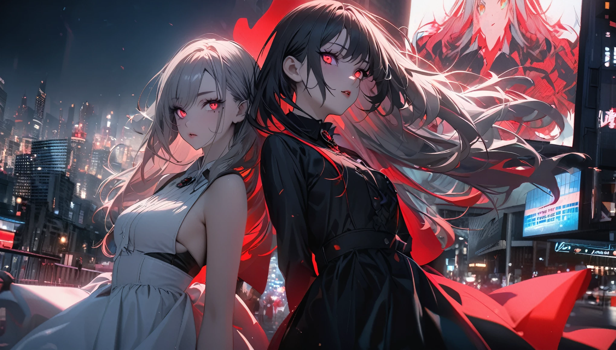 Modern city, night street, girl and her shadow, shadow is the demon in the girl's mind, tense lens, body of the photo is big city background, bright and fresh photo, beautiful abstract big city and teenage girl character in it. Gray hair color, red glowing eyes, long hairstyle, mole under left eye, black rose brooch, surreal background, seductive style, dancing with silhouette partner