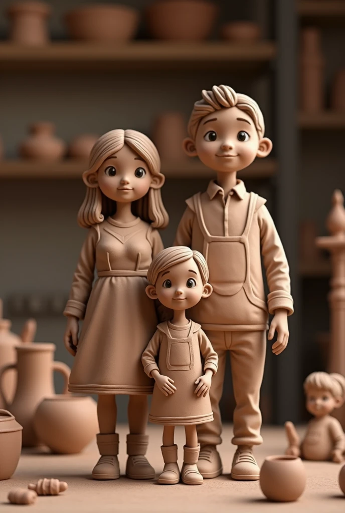 A family of clay being molded by a potter