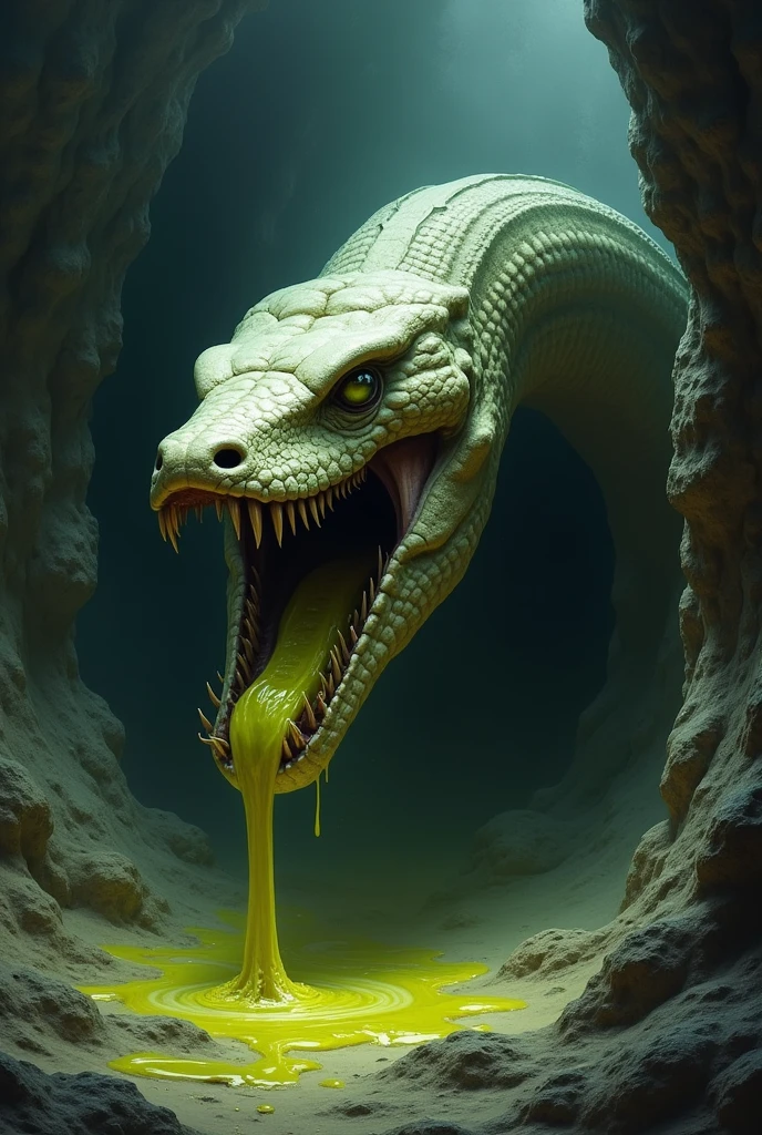 the darkness rifted, revealing a decaying, skeletal python oozing yellowish-green pus. Empty-eyed, its fangless mouth resembled a vortex, emitting a hurried, piercing sound. A suction force tugged at the surrounding shadows, drawing them