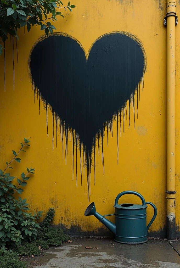 Black heart etched on the yellow wall.
A fine rain dripping... dripping from the trees...
A watering can face down in the flowerbed.