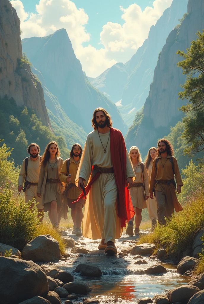 Friends hiking along side jesus in adventurous journey