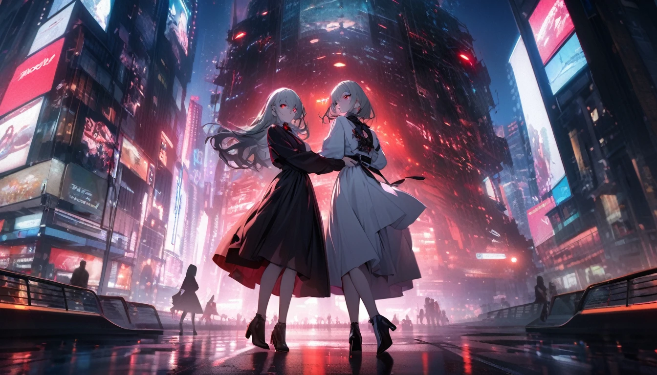Modern city, night street, girl and her shadow, shadow is the demon in the girl's mind, tense lens, body of the photo is big city background, bright and fresh photo, beautiful abstract big city and teenage girl character in it. Gray hair color, red glowing eyes, long hairstyle, mole under left eye, black rose brooch, surreal background, seductive style, dancing with silhouette partner