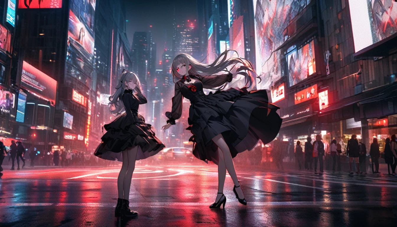 Modern city, night street, girl and her shadow, shadow is the demon in the girl's mind, tense lens, body of the photo is big city background, bright and fresh photo, beautiful abstract big city and age girl character in it. Gray hair color, red glowing eyes, long hairstyle, mole under left eye, black rose brooch, surreal background, seductive style, dancing with silhouette partner