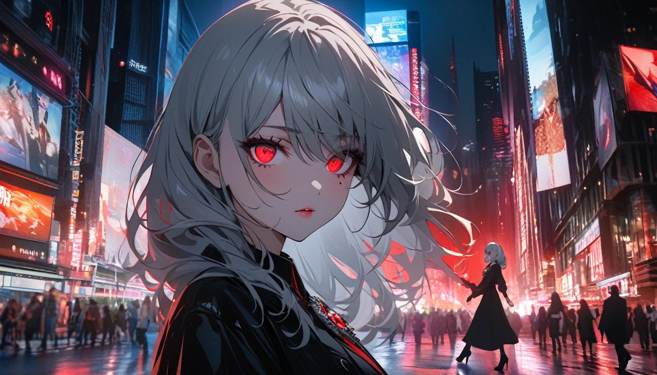 Modern city, night street, girl and her shadow, shadow is the demon in the girl's mind, tense lens, body of the photo is big city background, bright and fresh photo, beautiful abstract big city and teenage girl character in it. Gray hair color, red glowing eyes, long hairstyle, mole under left eye, black rose brooch, surreal background, seductive style, dancing with silhouette partner