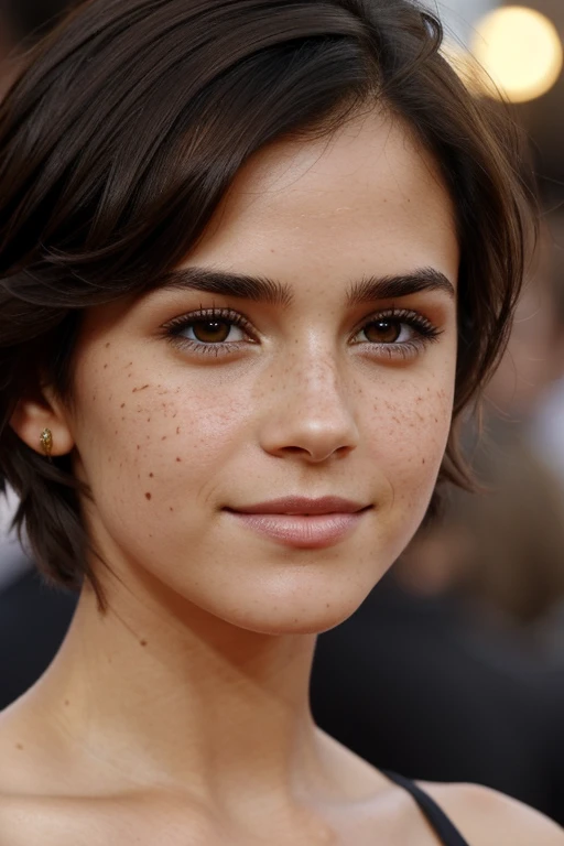 Close up dark brown hair, Dark brown eye color, brown skin color, charismatic, profiled nose, girl with medium short hair and medium round face, with freckles. ((( Face de Emma Watson:0.6)))