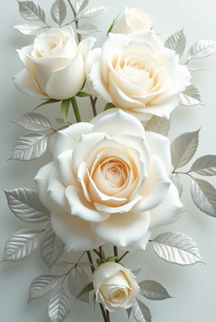 High definition,work of art,Official artistic aesthetic, white roses, 3D metallic leaves, Background transparent.