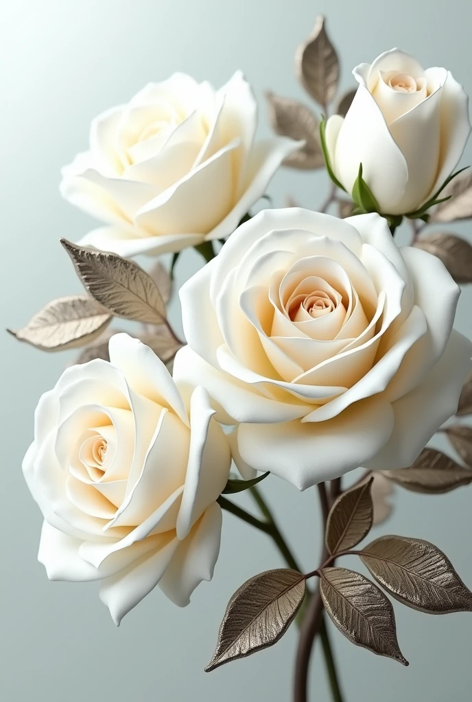 High definition,work of art,Official artistic aesthetic, white roses, 3D metallic leaves, Background transparent.