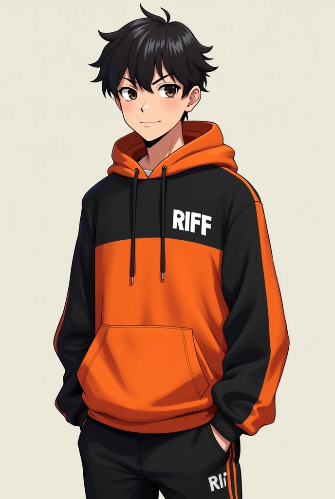 Crie uma foto de um rapaz Youngh. He is wearing a sweatshirt uniform with orange and black colors. The top is a hoodie. The uniform says RIFF. Create a modern uniform, Youngh, creative and attractive. Create a uniform with a school structure.