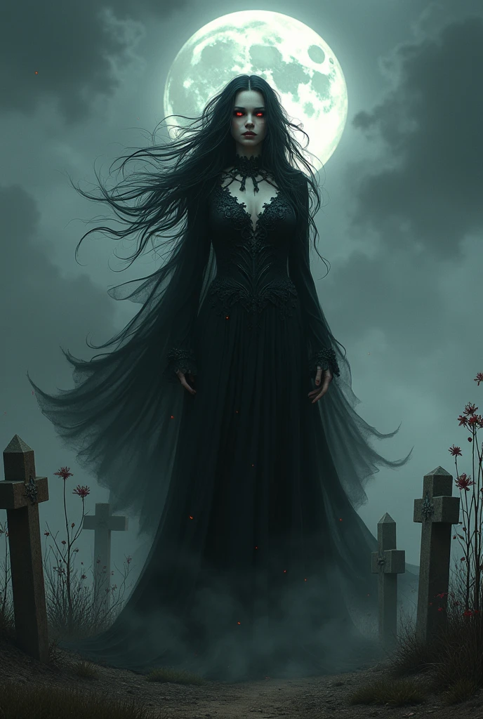 (Goddess of Death:1.4), (masterpiece:1.4, best quality), (photo realistic:1.4), ethereal and haunting appearance, embodying the power and inevitability of death, dressed in flowing dark robes that blend into shadows, adorned with subtle skeletal and gothic details, (hair like wisps of smoke or shadow, with dark and muted tones:1.2), (eyes glowing with an otherworldly light, filled with a cold, eternal wisdom:1.2), holding a scythe or an hourglass with sands of time running out, surrounded by swirling mist, spectral figures, and withered flowers, (background of a barren, twilight landscape with a crescent moon and scattered gravestones:1.2), (soft, eerie lighting that casts deep shadows and enhances her ominous aura:1.2), (regal and imposing pose that conveys her mastery over the realm of death:1.2), rich textures, muted and dark colors, (deep blacks:1.2), (ashen grays:1.2), (blood reds:1.2), (dynamic composition with flowing lines and a sense of quiet finality:1.2), high-quality and detailed, (awe-inspiring and chilling atmosphere:1.2), haunting and powerful, perfect image quality, symbolizing death, transition, and the balance between life and the afterlife, captivating and eerie presence