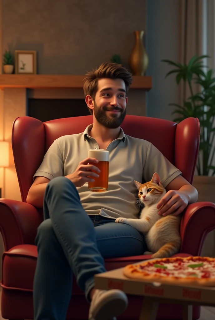 Man sitting in an armchair with a beer in hand and a cat by his side and a pizza box with the ifood logo
