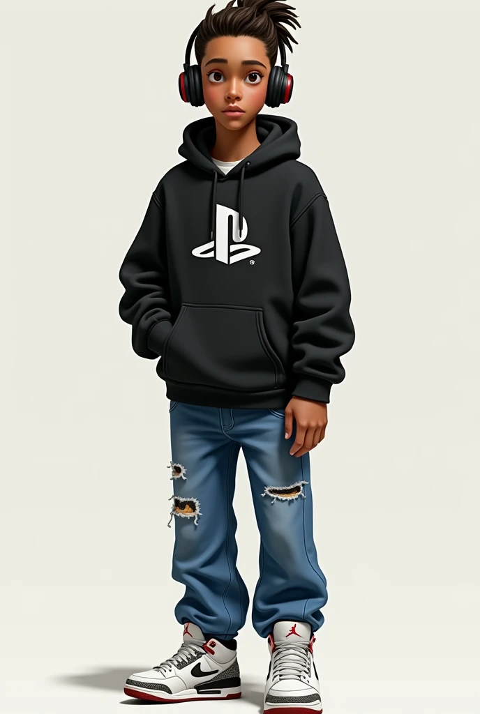 A play station 2 character, wearing jeans, a black hoodie with a simple design, white Jordan 3 sneakers and headphones, a long face showing relaxation looking towards the camera and a medium pale brown skin color