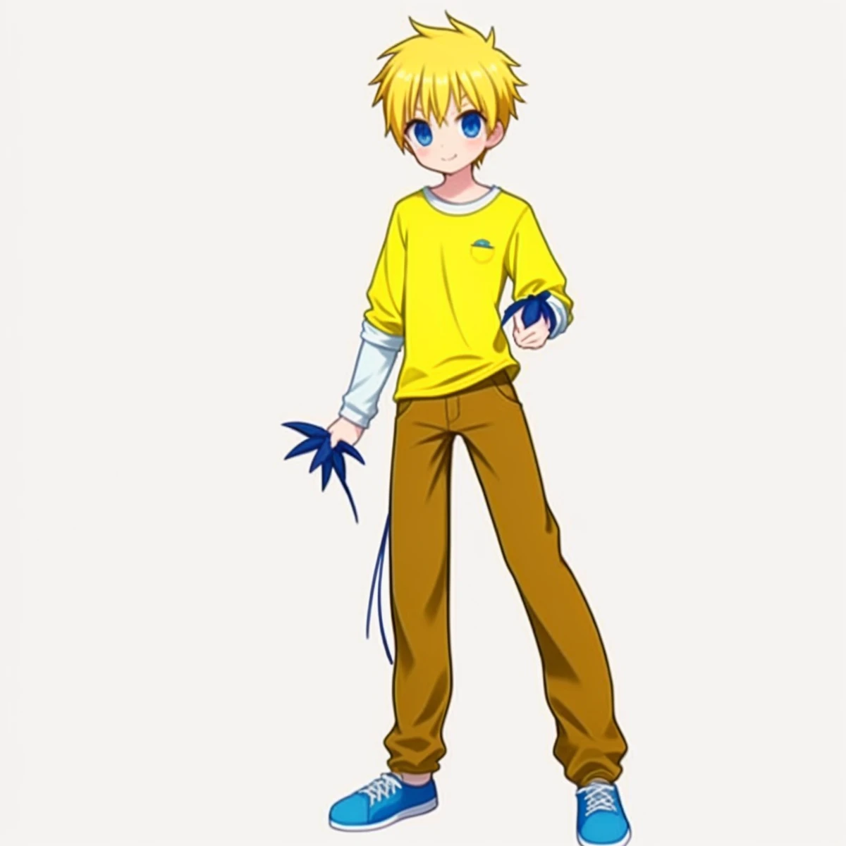 obra maestra, mejor calidad, Foto cinematográfica de 1 niño, pelo amarillo, blue eyes, cabello puntiagudo, camisa amarilla, Dos por uno blanco, manga larga,  zapatillas azules, zapatillas, pantalones marrones, cordones de zapatos, sonriendo,,  de 8k , película, highres