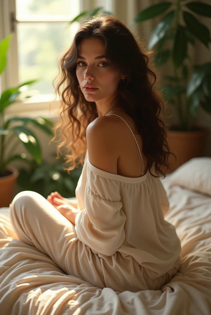 (photorealism:1.2), beautiful woman, sitting on bed, wearing loose off-shoulder top, pajama pants, long curly hair, indoors, soft lighting, plants in background, window with sunlight, cozy room, relaxed pose, realistic, intricate details, warm colors, by Greg Rutkowski, by Alphonse Mucha