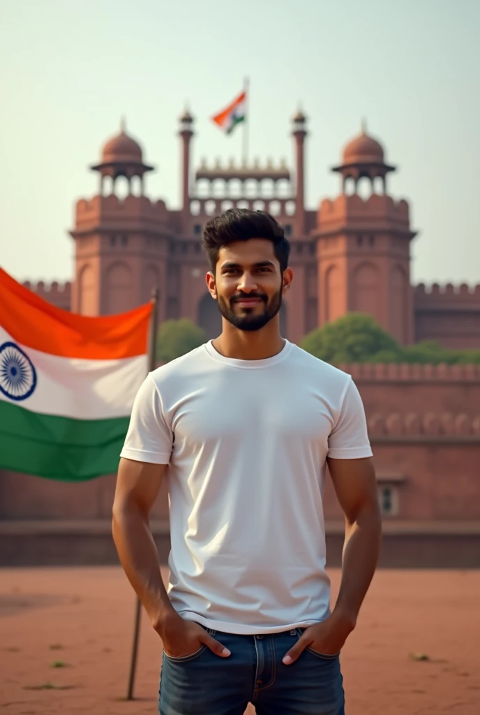 Neeraj saini name t-shirt backside salut Indian flag, infront of rèd fort