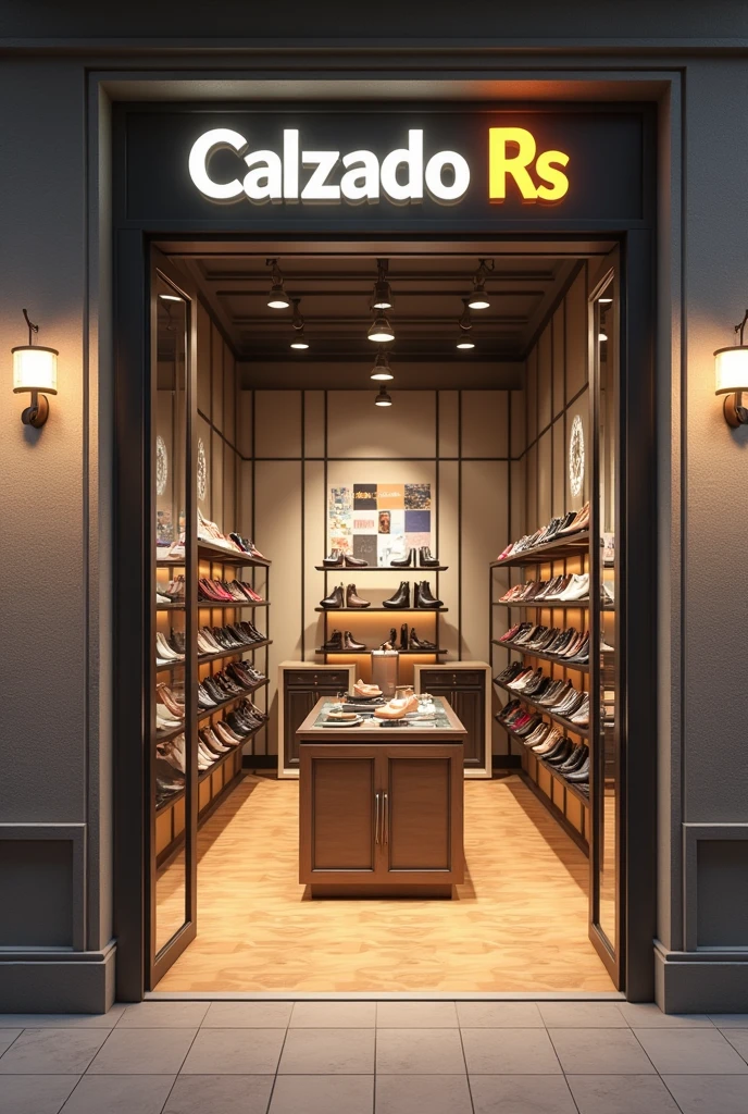 I want an image of a shoe store named 'Calzado Rs' with a realistic touch. I want it to be inside the store and the name of the store should be visible.