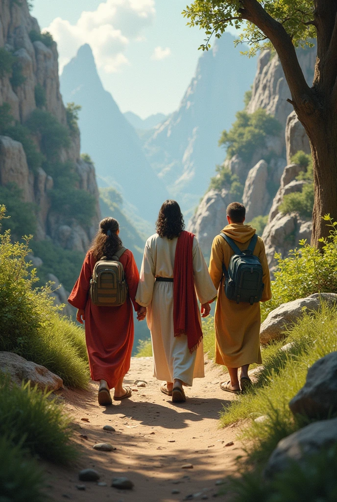 Friends hiking along side jesus in adventurous journey facing back