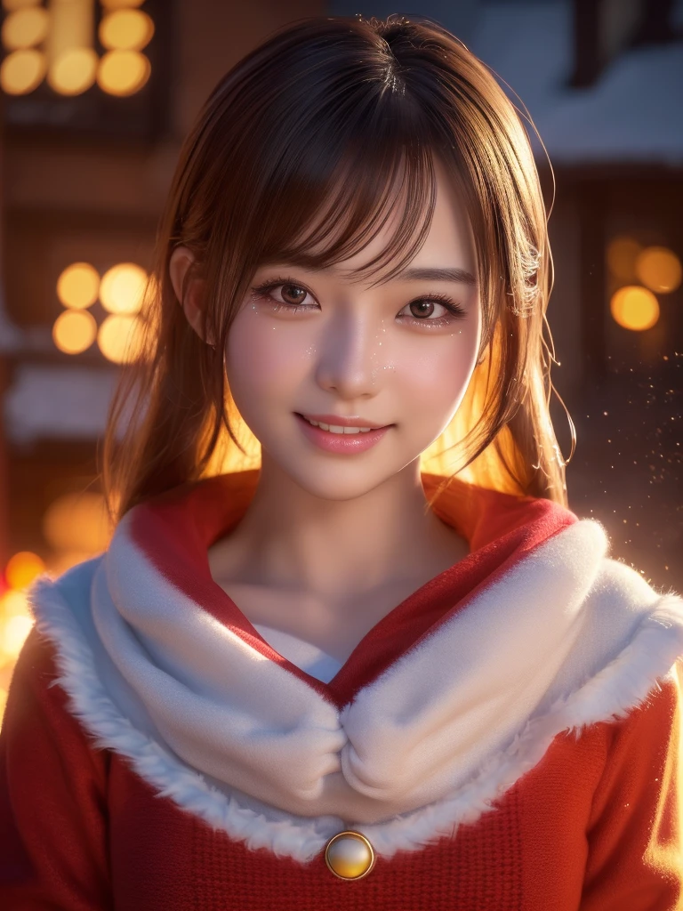 head shot,A 25 year old japanese girl, detailed cutie face,cutie smile, balanced detailed eyes, detailed droppy eyes, extremely detailed face, slender body, short hair, (Santa Claus costume:1.25), snowy night town, (best quality,4k,8k,highres,masterpiece:1.2),ultra-detailed,(realistic,photorealistic,photo-realistic:2.0),HDR,UHD,studio lighting,ultra-fine painting,sharp focus,physically-based rendering,extreme detail description,professional,vivid colors,bokeh,fantasy,magical,whimsical,soft lighting,warm colors,digital painting