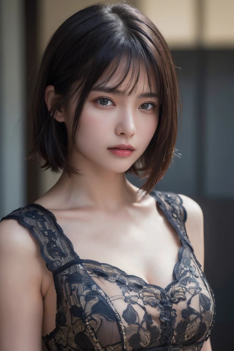 (((highest quality、8k、masterpiece)))、sharp focus、cinematic lighting、soft light、high resolution skin:1.3、realistic skin texture、30 year old mature woman、small face、no makeup、short hair、dark brown hair、detailed beautiful eyes、small breasts、、bust B cup、wearing a pendant、sexy pose、Slender body type、Cool beauty、gray background