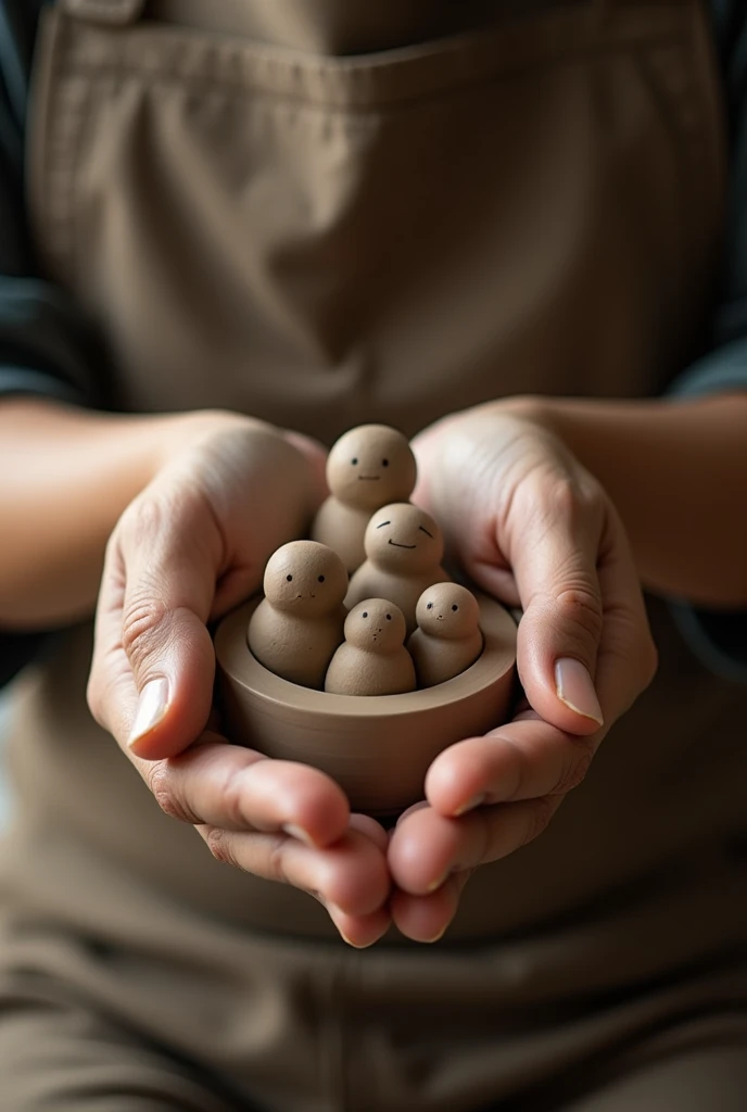A clay family being molded by a potter.
I need the potter to hold the family in his hands, but only his hands should be visible, not his body.