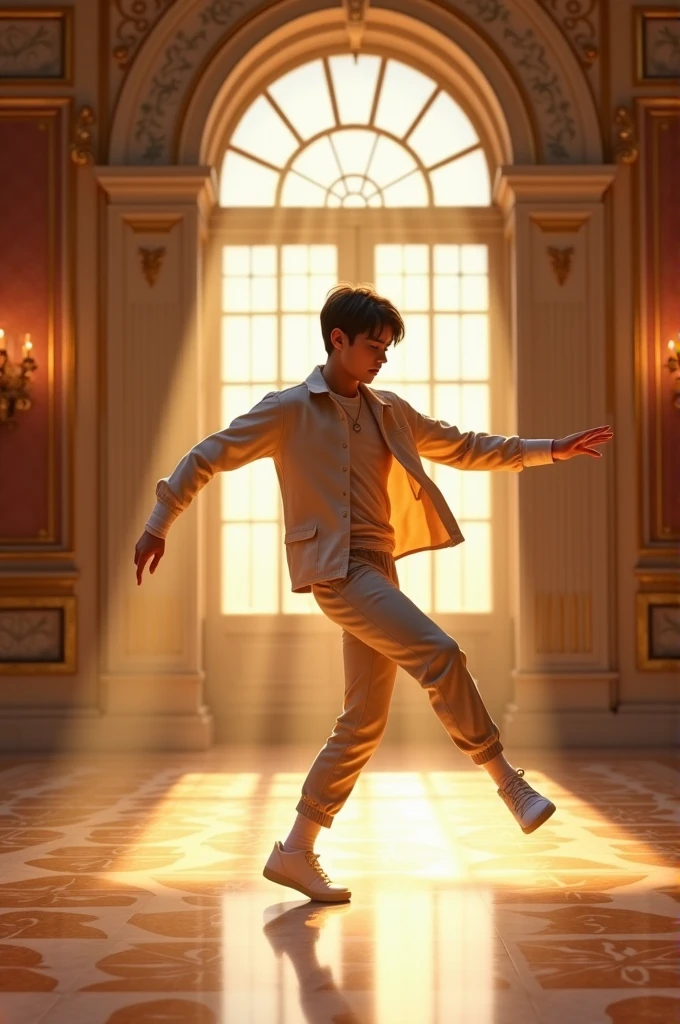 Make a book cover where a brown-haired boy is dancing hip hop, in a ballroom and he is Korean and a bit skinny, Make sure you have light clothing for my dance