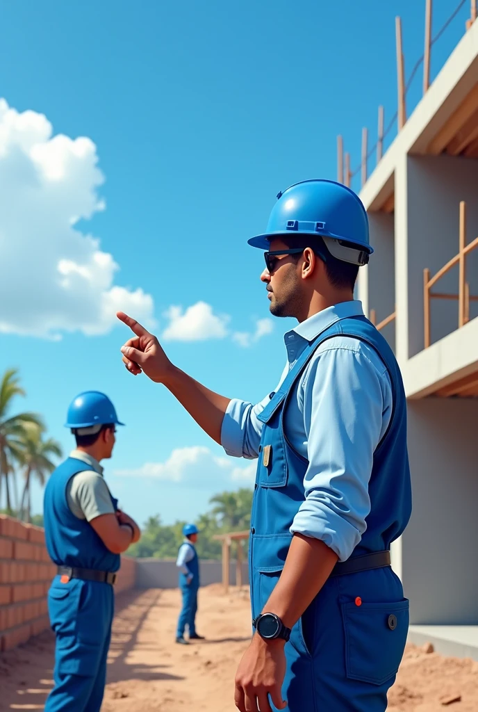 The scene takes place at a construction site in Brazil, on a summer day. An engineer, who is the boss, points to the watch on his wrist, demanding punctuality from a bricklayer who is arriving late for work. The engineer wears a blue safety helmet and a light blue dress shirt, while the bricklayer, who seems worried, also wears a uniform with blue details. Ao fundo, the structure of a house under construction is visible, with scaffolding and typical construction materials. The clear blue sky, typical of the Brazilian summer, dominates the image, reinforcing the hot climate. blue is the predominant color, present in the attire, in the sky and in elements of the construction, creating an atmosphere of seriousness and professionalism