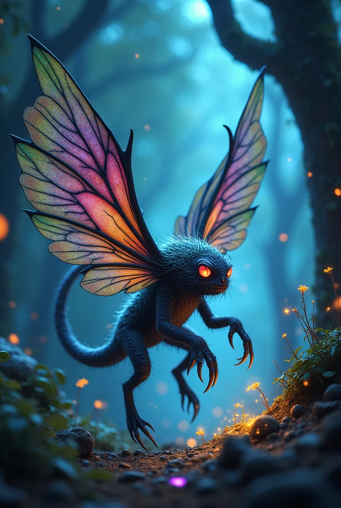 famous work of art(Ruan Jia:1.4),(Fractal Art:1.6),Fantasy style,Dynamic Angle,This is worrying(beauty:1.8)The Dizzy Undead Monster is a small, highly venomous creature.,have(Colorful and intricate wings:1.2),They inhabit the enchanting Shivering Woodlands in the dense forests of the dark planet Gnomtef VII.,Hunting the soft air(glowing spores:1.2),These spores come from the flourishing Gookoo Tree,The harsh dark environment of alien planets,Night,rays of black light