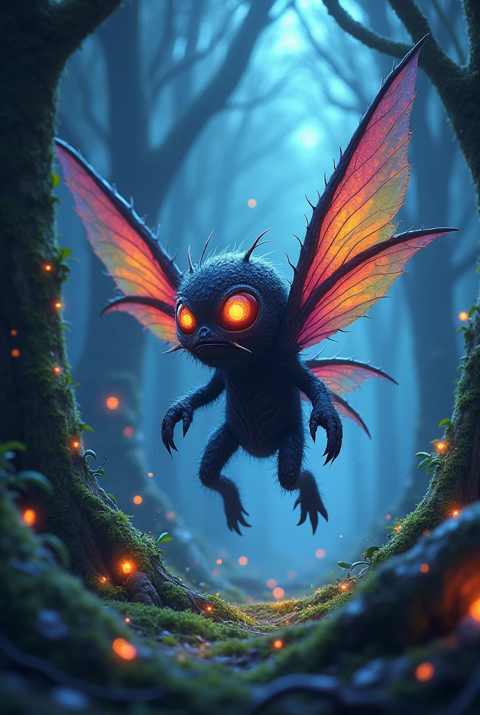 famous work of art(Ruan Jia:1.4),(Fractal Art:1.6),Fantasy style,Dynamic Angle,This is worrying(beauty:1.8)The Dizzy Undead Monster is a small, highly venomous creature.,have(Colorful and intricate wings:1.2),They inhabit the enchanting Shivering Woodlands in the dense forests of the dark planet Gnomtef VII.,Hunting the soft air(glowing spores:1.2),These spores come from the flourishing Gookoo Tree,The harsh dark environment of alien planets,Night,rays of black light