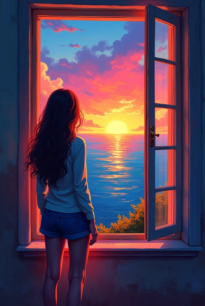 create an image as if it were a painting on canvas in the colorful abstract style of a person looking out the window of an apartment building at the sunset setting over the sea, with an orange sun and a blue sky
