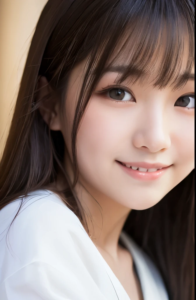 best quality, face focus, soft light, ultra high res, (photorealistic:1.4), RAW photo,(Shinozaki Ai), white skin, kawaii, 1 Japanese girl, solo, cute, (smile), (pupil, lights in the eyes), detailed beautiful face, Medium-sized breasts,(high resolution detail of human skin texture),(long hair),(portrait), upper body, white traditional kimono