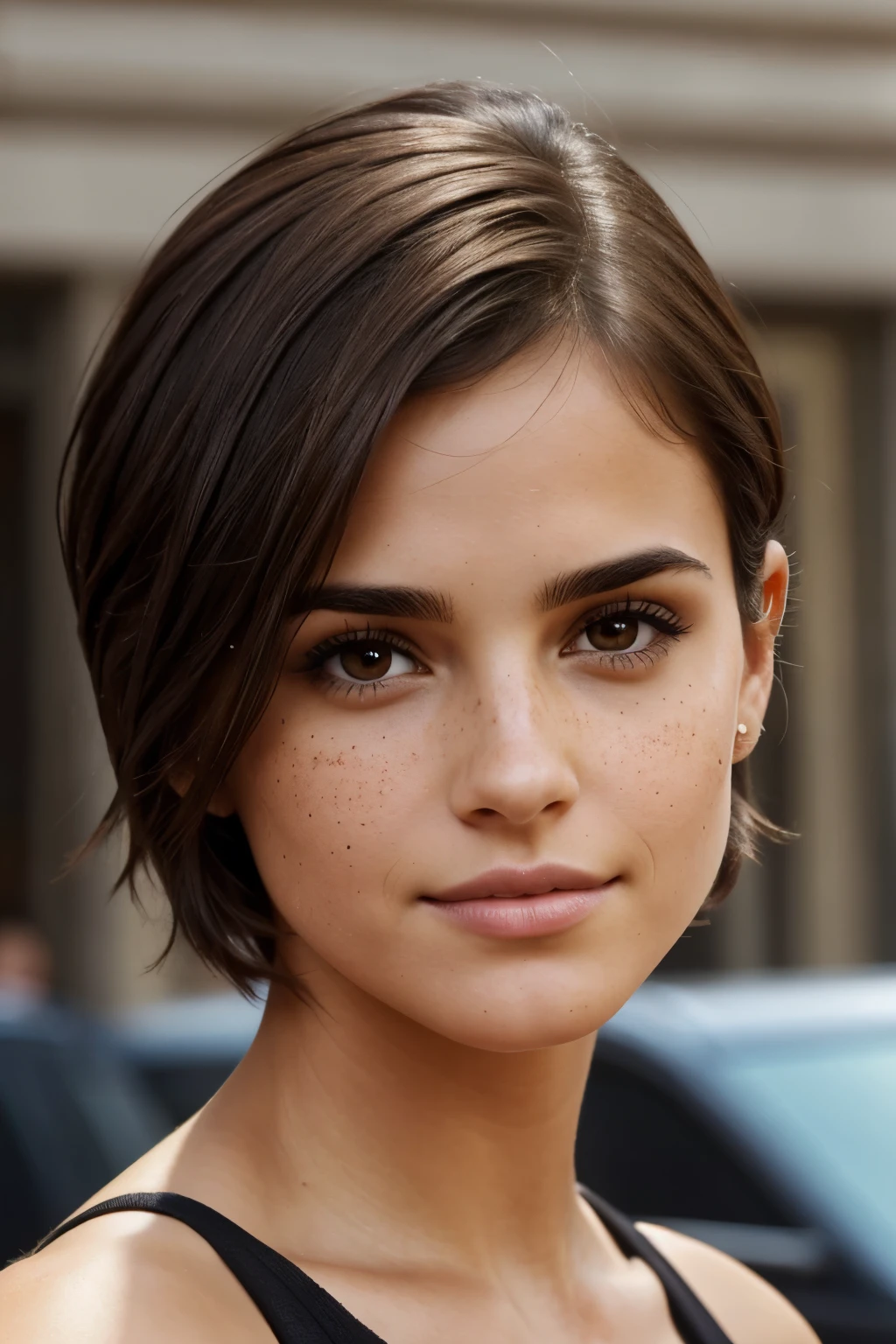 Close up dark brown hair, Dark brown eye color, brown skin color, charismatic, profiled nose, girl with medium short hair and medium round face, with freckles. ((( Face de Emma Watson:0.6))) ((( face of Penelope Cruz:0.7)))