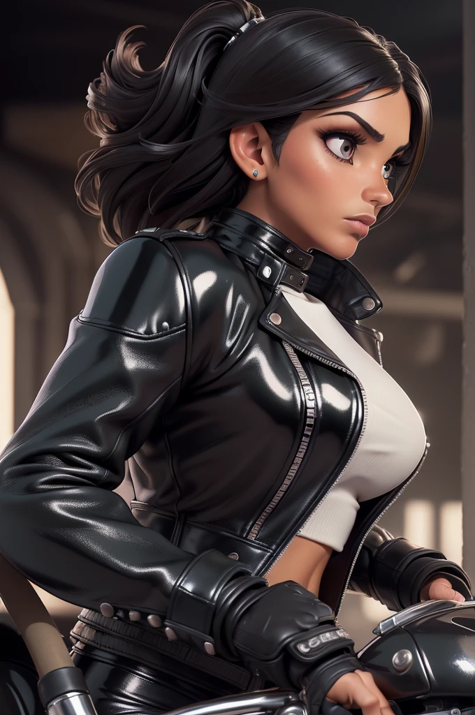 obra prima, melhor qualidade, ((only one woman,)) ((morgan ortagus, dark tan skin, heavy eye makeup)) looking over shoulder at me, massive erect cone tits, ((wearing metallic black leather biker moto jacket,)) ((jacket has padded shoulders, jacket has stiff high collar,)) (((wearing shiny black leather pants,))) body is very skinny, arched back, (((hand gripping handle tight, riding motorcycle, extreme closeup view, side front view of upper body,))) shallow depth of field, highres, HD, 8k, anatomically correct