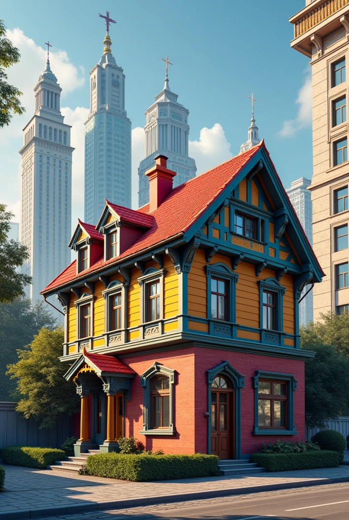 Moscow or Russian house, colorful, European type, with Soviet skyscrapers, Soviet Union 