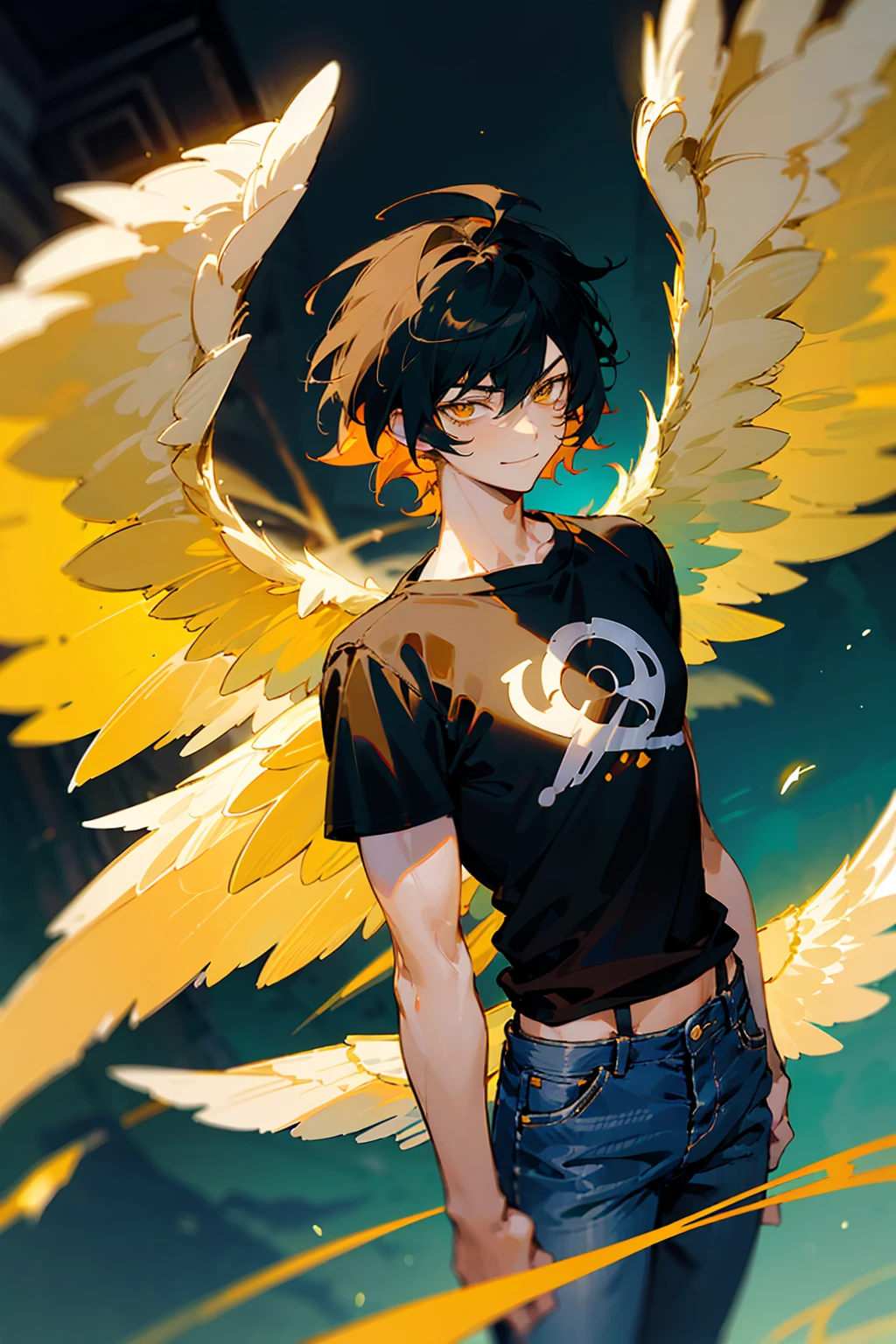 1male, Young Adult, Light Orange Hair, Black Hair, Two Toned Hair, Short Hair, Yellow eyes, Disheveled Hair, Radiant, T-Shirt, Jeans, Smirk, Masculine, Beautiful Lighting, Angel Wings, Flying, Muscular