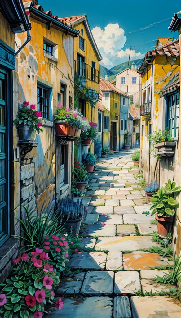 a painting of a narrow street with potted flowers, by Frances Jetter, greek art, by Demetrios Farmakopoulos, narrow street, ancient mediterranean village, greece, colorful landscape painting, gorgeous painting, architectural painting, vibrant gouache painting scenery, colorfull painting, colorful painting, mediterranean fisher village, beautiful painting, narrow streets, art painting, vibrant painting, greek architecture, 4k hd,, beautiful art uhd 4 k, a beautiful artwork illustration, beautiful digital painting, highly detailed digital painting, beautiful digital artwork, detailed painting 4 k, very detailed digital painting, rich picturesque colors, gorgeous digital painting