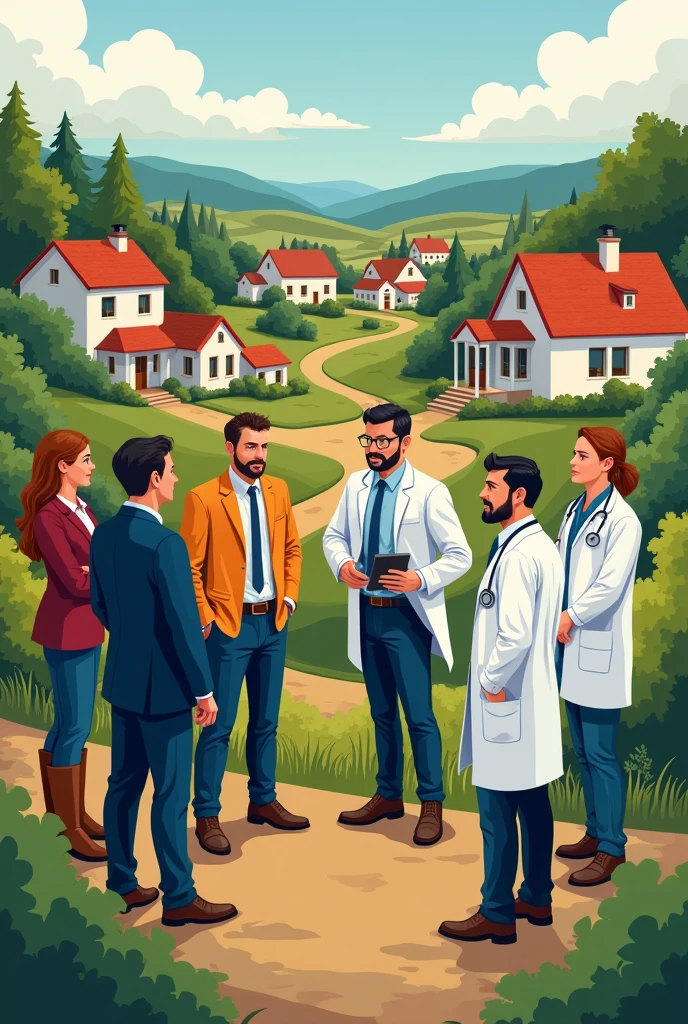 Les professionnels et la population
(probably the hardest to illustrate…)
Men : 1 Elected official (n+1), 1 mayor, 1 agriculteur, 1 guide, 1 veterinarian, 1 doctor
Animals : not specifically but why not
Environment : vue sur un village ou un bourg (vue en haut du vigneau de Licques serait parfait …)
The idea of the drawing :
Un groupe de professionnel semble en pleine discussion sur le terrain et semble discuter d’une problématique qui concerne leur Bourg
Le bourg doit comporter des maisons d’habitations, a farm and the ideal would be a health house or other
The elected official is in a tailor
The mayor wears a tricolour cockade
The doctor has a white coat and a stethoscope
The veterinarian is in boots and a stethoscope
The farmer has a suit and work shoes