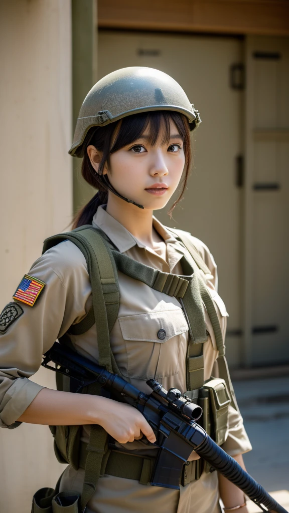 (masterpiece, ultra-detailed, ultra-realistic, best quality, clear focus, photorealistic), (ultra-high resolution, 8k:1.3), cinematic color-grading film, dramatic scenes, shadow, global-illumination, perfect ???????, perfect face, (detailed face, detailed eye:1.3), (20 years old Japanese blonde girl:1.2), (experienced soldier:1.2), professional light, (beautiful with cute but boyish cool Japanese face:1.3), (Fully equipped for battle:1.3), (holding m4a1 large assault rifle:1.4), (long barrel rifle:1.3), (Strong willed expression:1.2), (afraid:1.3), (wearing a pastel colored cute soldier's outfits made of leather with military helmet:1.2), slim waist, (at a battle field of Abandoned Building at night), flash light, (explosion:1.4), very large breasts, tactical vest, military harness, hip focus,