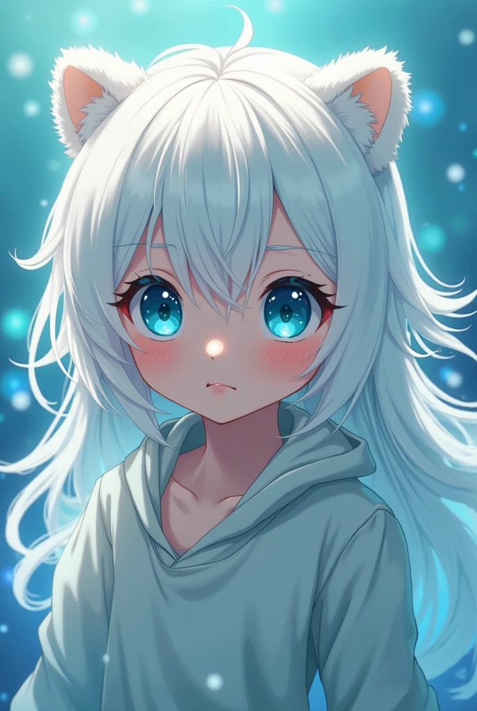 A boy with long white hair, polar bear ears, and blue anime eyes
