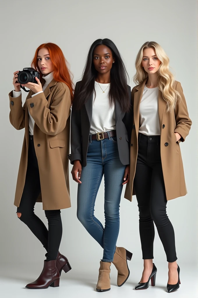 Generate a portrait of 3 girls
A white one with red hair and photographer, another black one with long hair and photographer and another white one with straight long hair makeup artist