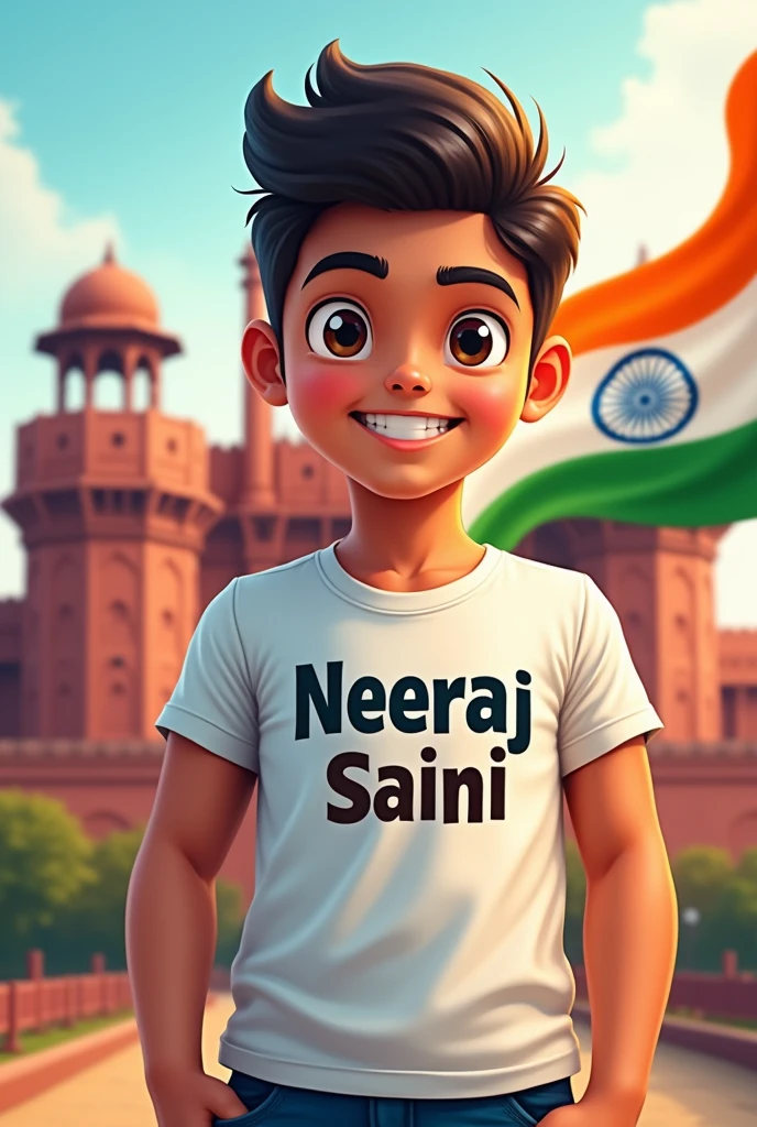 Neeraj saini name t-shirt boy, salut Indian flag, infront of rèd fort