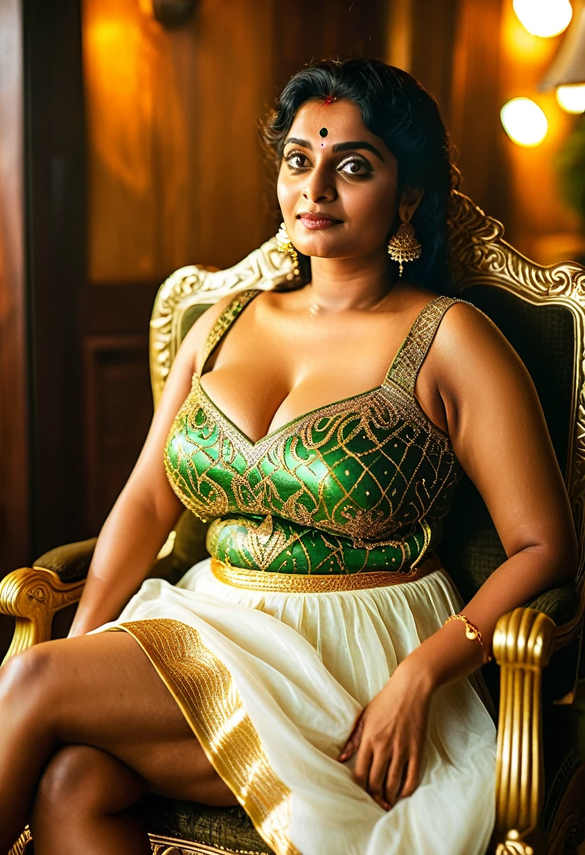 (((photo of a ancient kerala indian aunty))), (((black royal lady))) ,(((eyes))) ((((legs wide open)))), ((((sat on golden haven chair))), (((Half Body))), (((very dark skin))), (((age 35+))), (((plus size chubby tall))), (((huge busty milky wet big massive boobs))), (((nude thick thigh))), (((ancient black mini skirt))), ((black skin dark body)), (((white mini skirt))), (((depth of field))), ((( spooky))),(((divine))), photorealistic,photo, realism, Getty Images, RAW candid cinema, 16mm, colour graded portra 400 film, remarkable colour, ultra realistic, textured skin, remarkable detailed pupils, realistic dull skin noise, visible skin detail, skin fuzz, dry skin, shot with cinematic,light leaks, RAW Image, DOF, depth of field,bokeh,