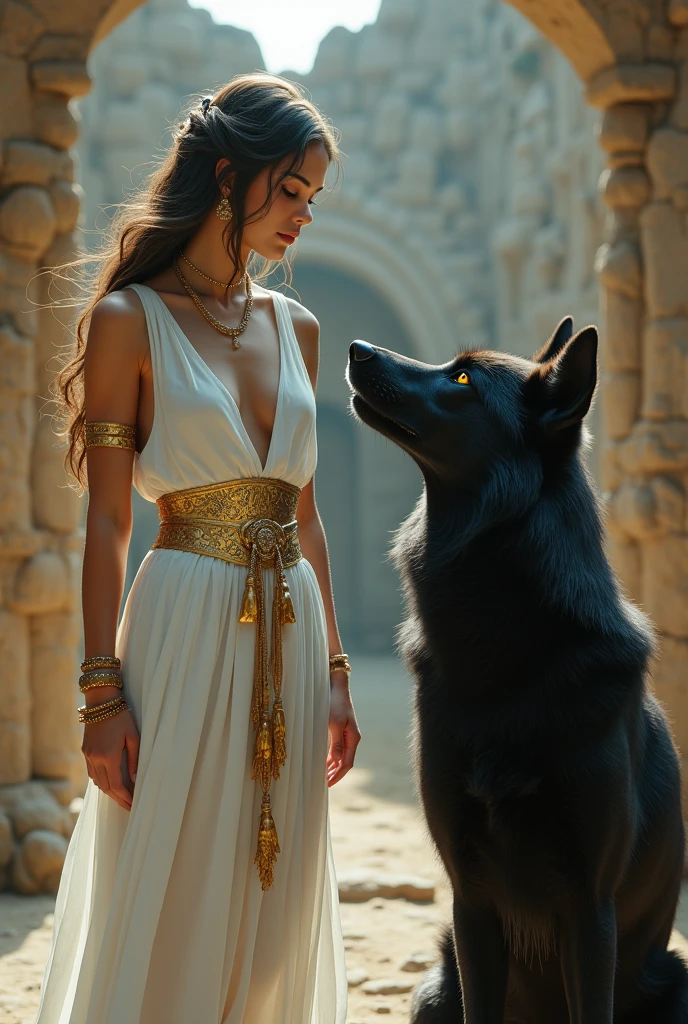 white skin woman, black fur, in Mexican ruins, along with a black wolf, yellow eyes, by the wavy bow, head on, with a white top held by a gold necklace, a white skirt held by a gold belt, with bracelets on her wrists, The suit is separate 