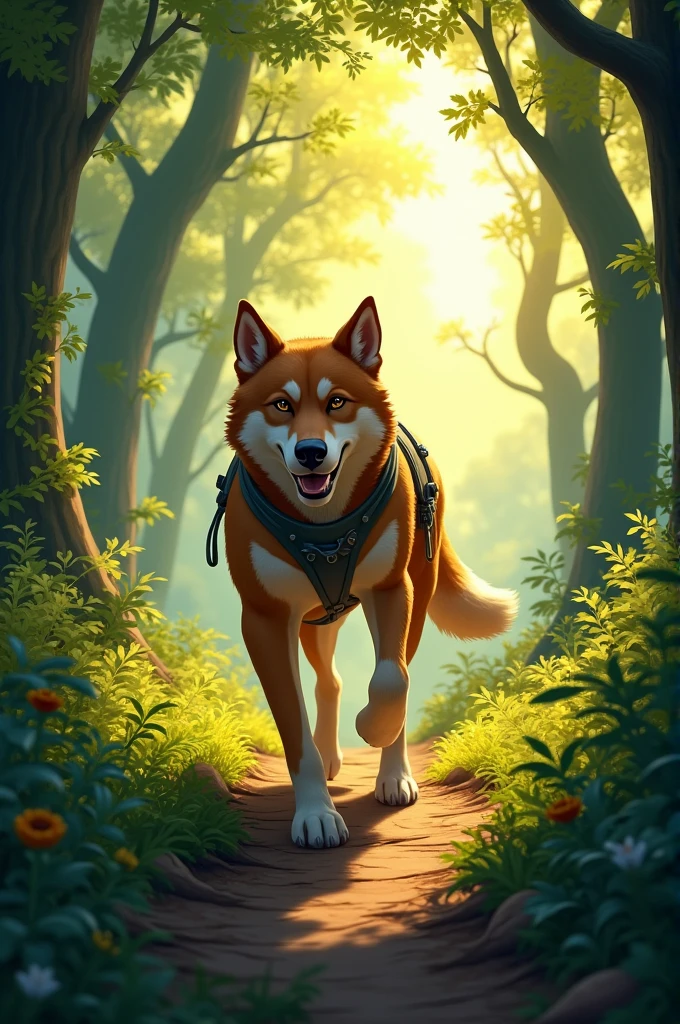 A brave dog with a determined look walking through a dense, green forest. Tall trees surround the path, and the sunlight filters through the leaves, creating a serene yet adventurous atmosphere.