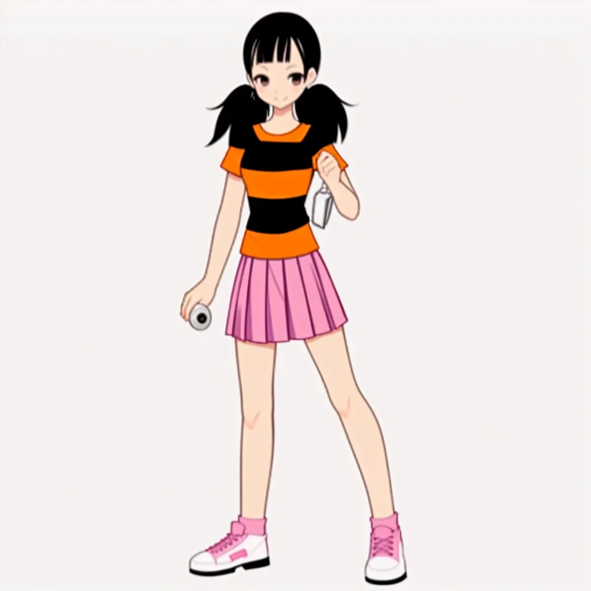 masterpiece, best quality, cinematic photo of 1girl, black hair, twin tails, orange and black striped t shirt, pink skirt, smiling, short slevees,, photograph, film, highres