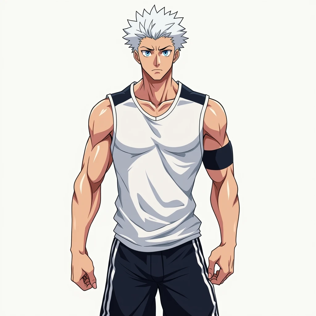 Create for me a male character with the features of the anime Haikyuu: A tall, muscular boy with white hair and blue eyes. He wears a white shirt with black stripes and black shorts.