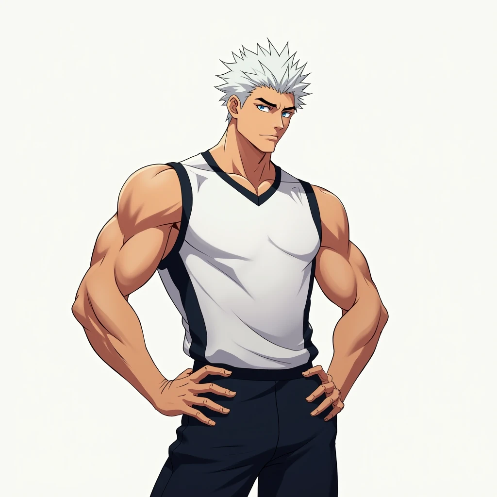 Create for me a male character with the features of the anime Haikyuu: A tall, muscular boy with white hair and blue eyes. He wears a white shirt with black stripes and black shorts.