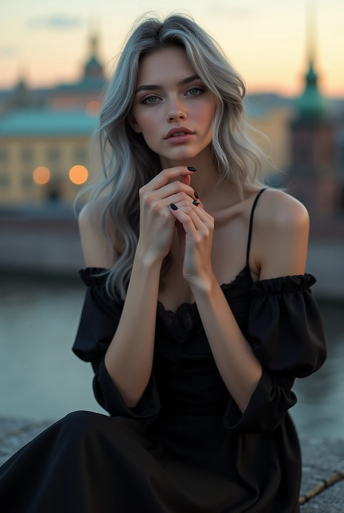 Beautiful girl with white skin, light gray hair, with bright shining eyes, Shiny skin, beautiful black manicure, Beautiful nails, pearl skin, In a black dress, beautifully detailed fingers, professional photo, 4K, a high resolution, high detail, realistic, looks straight, is sitting, Against the backdrop of St. Petersburg, evening, modest