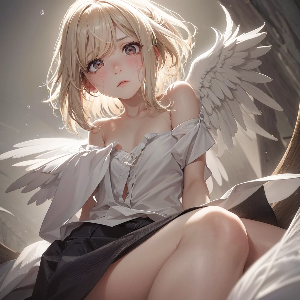 Very beautiful angel crying with a look of anger looking at people