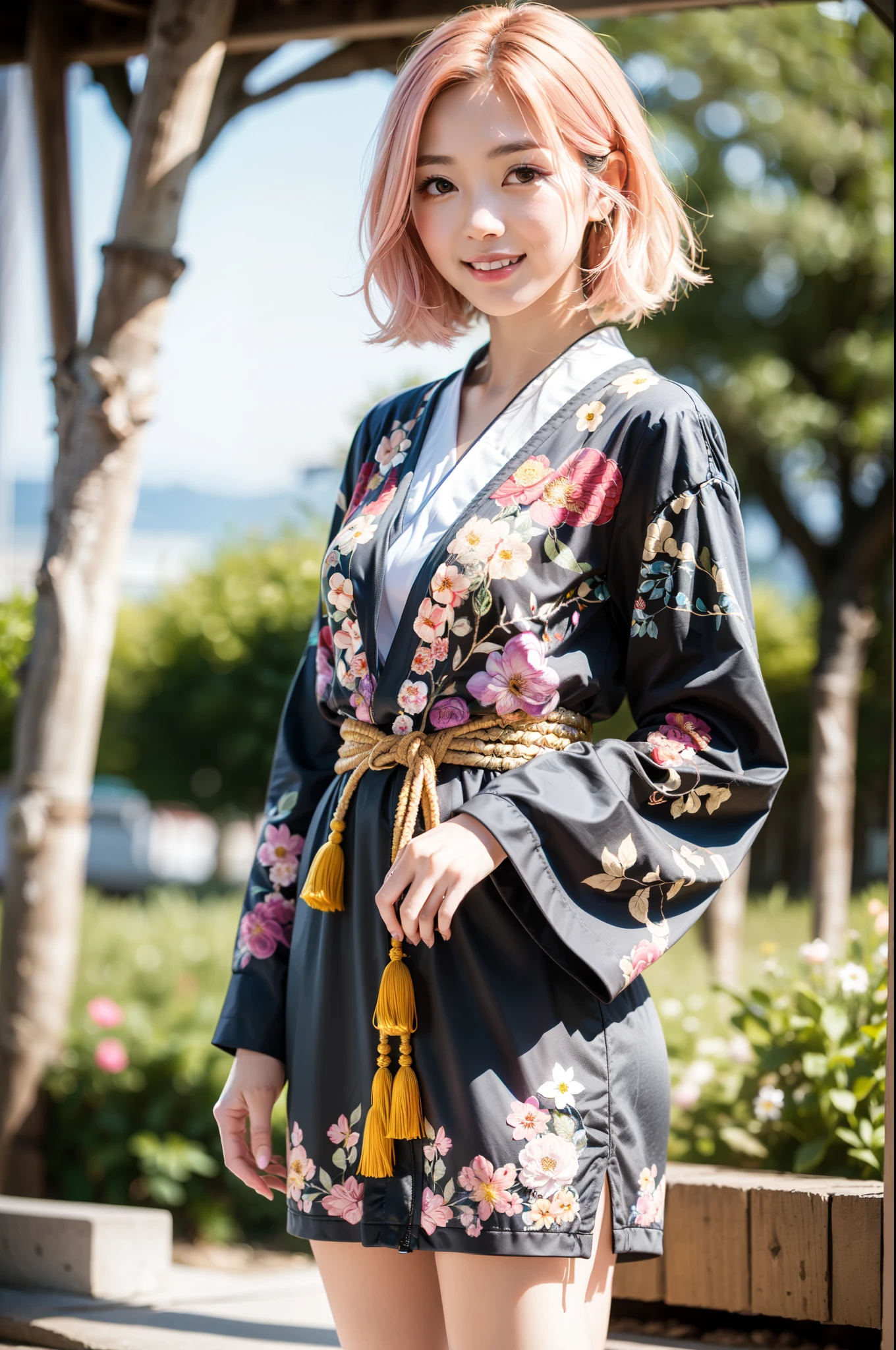 highly detailed and intricate background, full body shot, absurdist, high resolution, ultra detailed, 1 Japanese fashion model, Yae Miko, bright smile, pink hair, purple eyes, (floral branch:1.3), (Zentangle:1.2), (Geometric:1.2), colorful